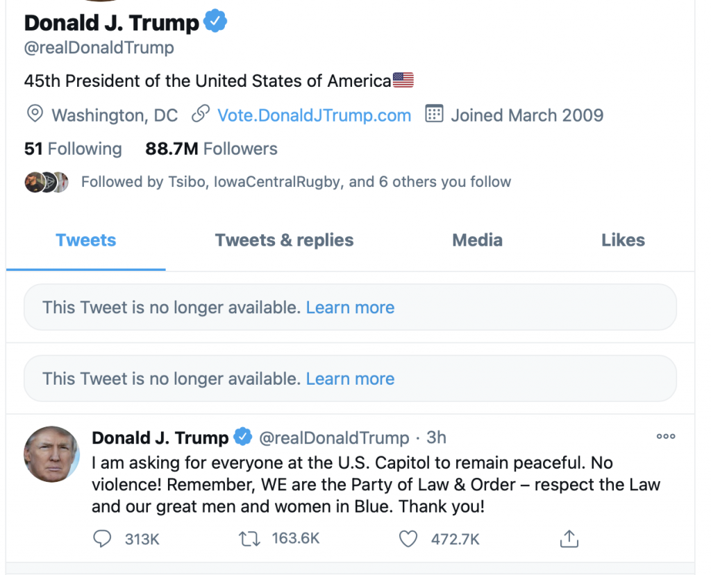 Screenshot of Donald Trump's twitter account, with two tweets marked as "no longer available". 