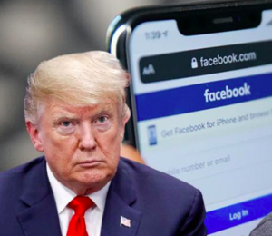 Donald Trump looking unhappy with mobile phone showing Facebook in the background