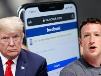 Donald Trump (left), Mark Zuckerburg (right) stand opposed.