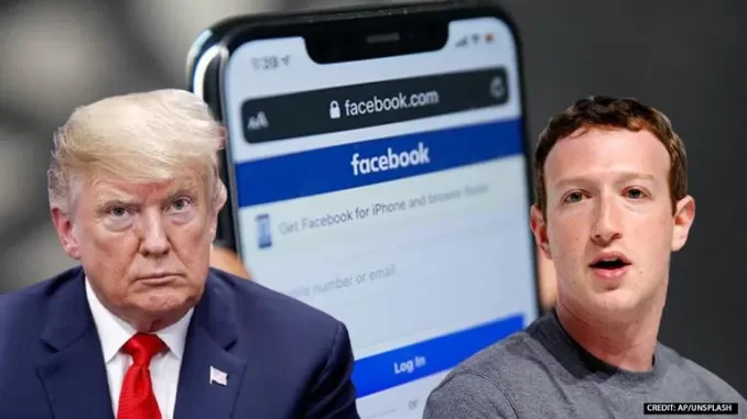 Donald Trump (left), Mark Zuckerburg (right) stand opposed.