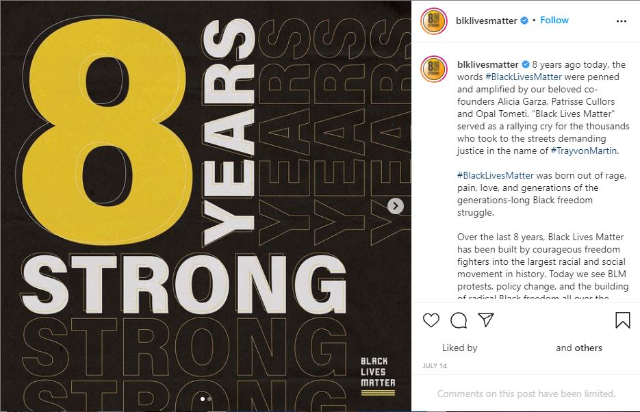 BLM Instagram Post reading 8 Years Strong