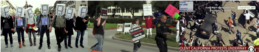 People protesting in response to conspiracy theories